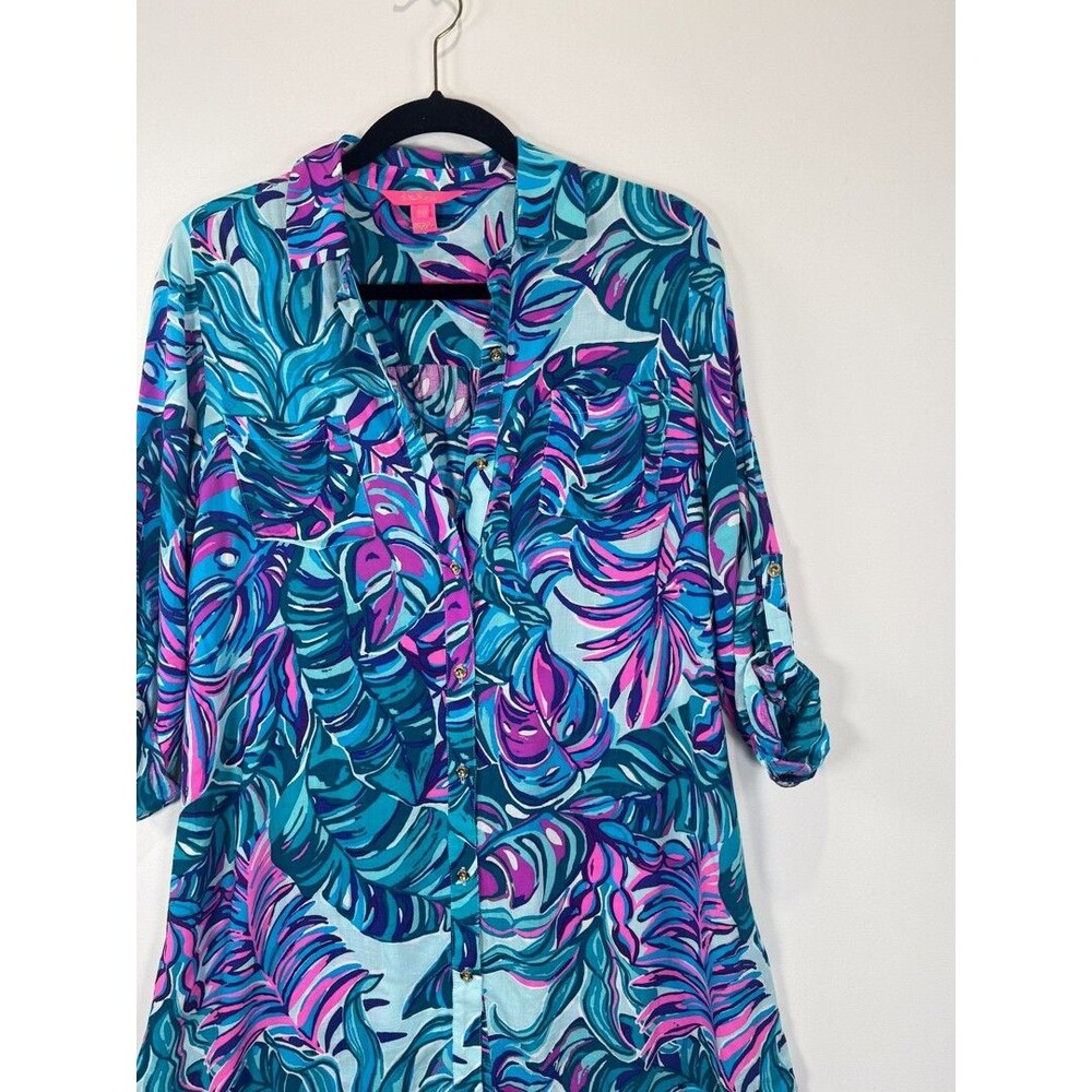 Lilly Pulitzer Dress Blue Natalie Shirtdress Cover Up Mini Floral Beach 2XS - Picture 4 of 11